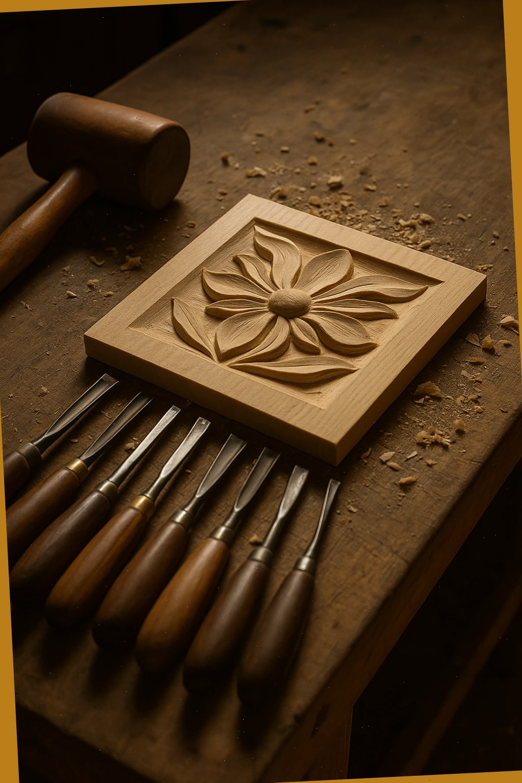 carving bench with palm chisels, mallet and basswood panel under soft light
